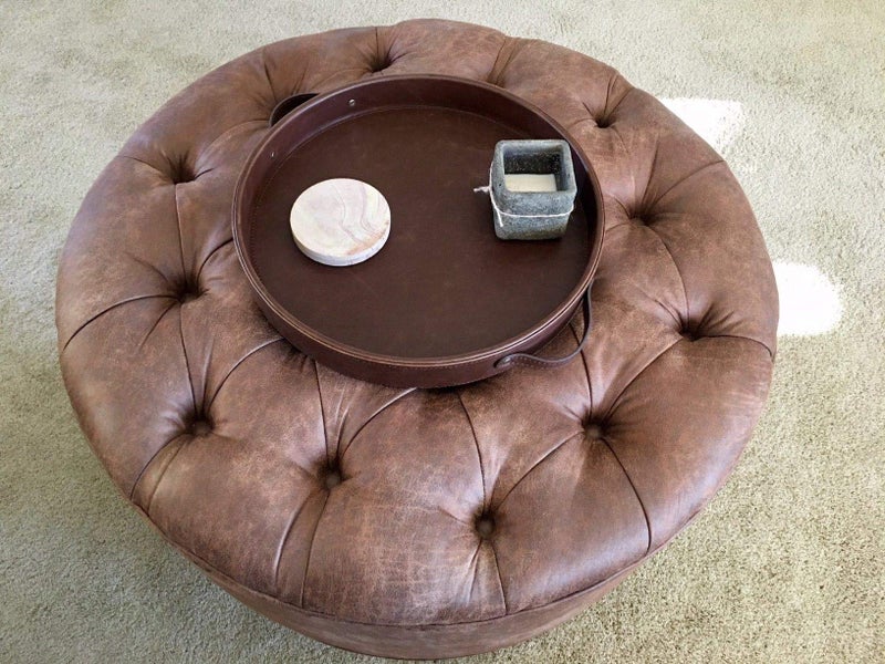 HofferRuffer Top Nocth PU Leather Round Serving Tray, Decorative Serving Tray with Handles, Coffee Tray, Ottoman Tray for Home Or Office, Diameter 14.6-inch, Brown - Image 4